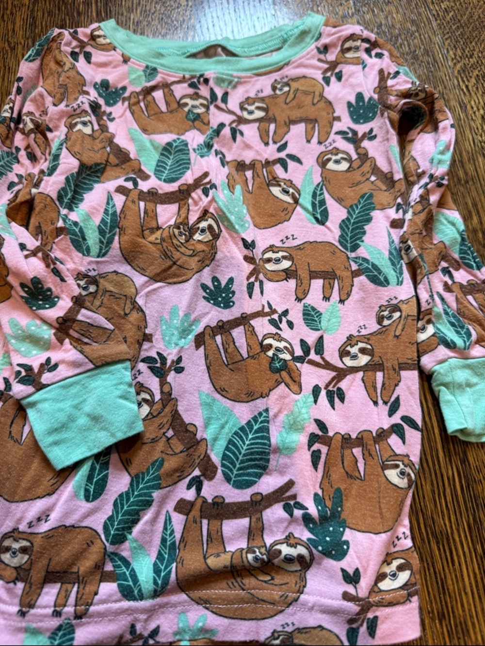 Little Sleepies Pink Sloth Pajama Set with Mint Trim - Picture 3 of 5